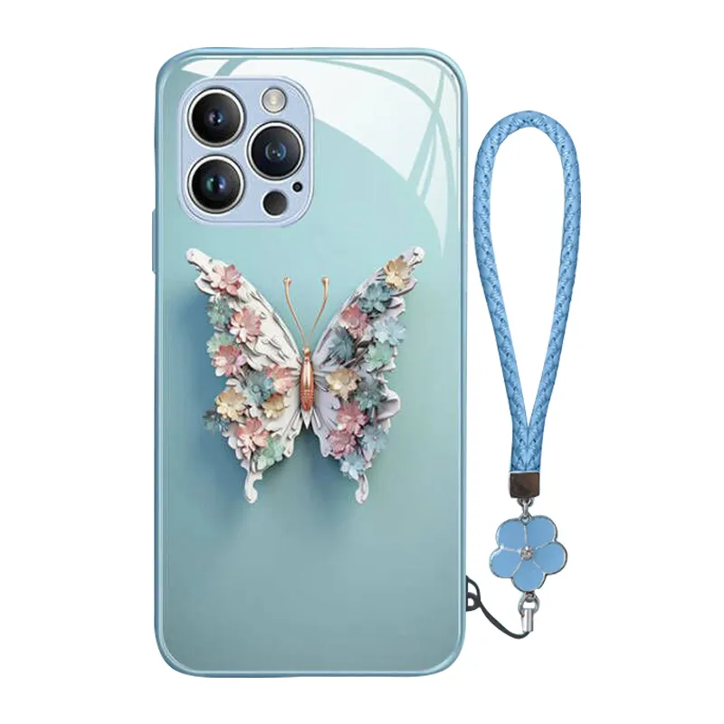 Clear Hard Butterfly Mobile Phone Cases For IPhone 15 Promax Apple 14 13 12 Plus Glass Mirror Luxury Protective Back Covers With Wrist Band Anti-drop Fashion Armor