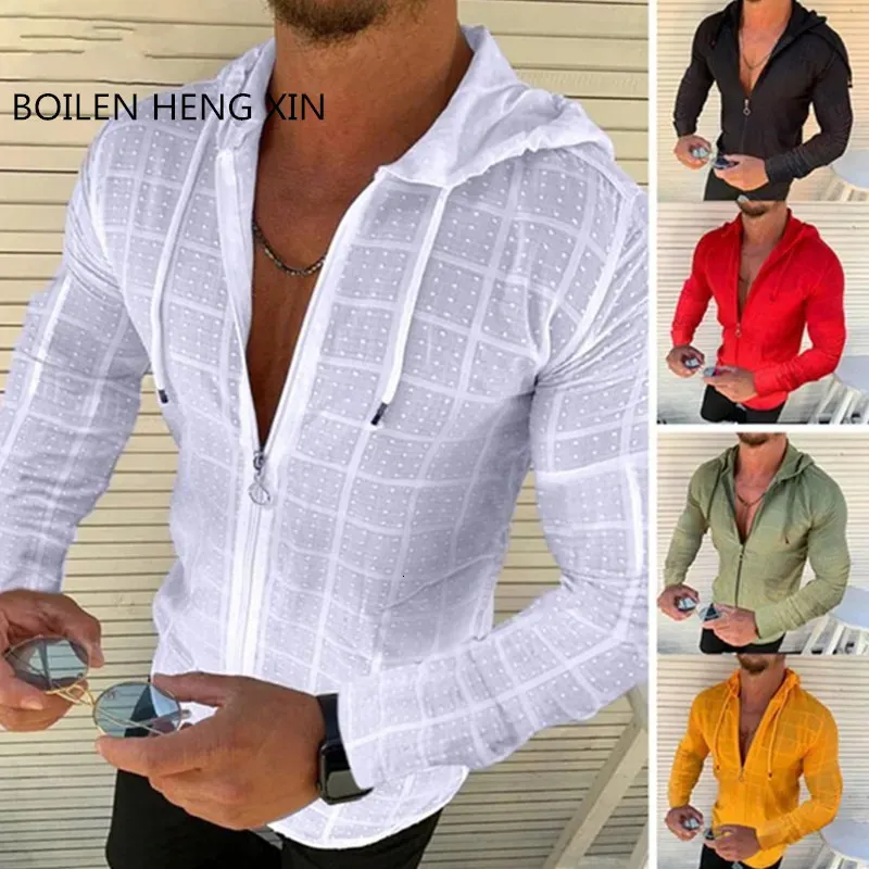 Mäns avslappnade skjortor mode strand solskyddsmedel långärmad hoodie dragkedja skjorta män kläder sommar solid färg casual pläd s-5xl 231011