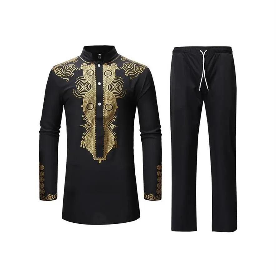 Tracksuits masculinos casuais homens roupas africanas tops e calças imprimir camisa longa com calças conjunto de duas peças para dashiki riche baz271y