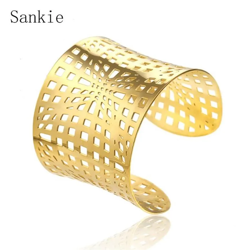 Sankie geniş manşet bilezikler kadınlar için bilezikler paslanmaz çelik mücevher altın renk geometrik içi boş bileklik223f