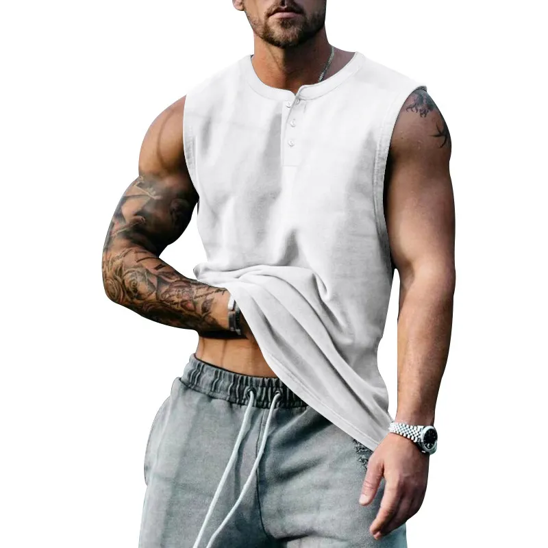 Mens Tank Tops Mens Summe Cotton Linen Vest 단색 느슨한 버튼 V-Neck Pocket Sleeveless Tee Shirts Male Streetwear Clothing