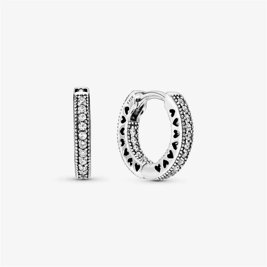 Autentyczny 100% 925 Sterling Silver Pave Heart Hoop Kolczyki Modne Akcesoria biżuterii dla kobiet Prezent313d