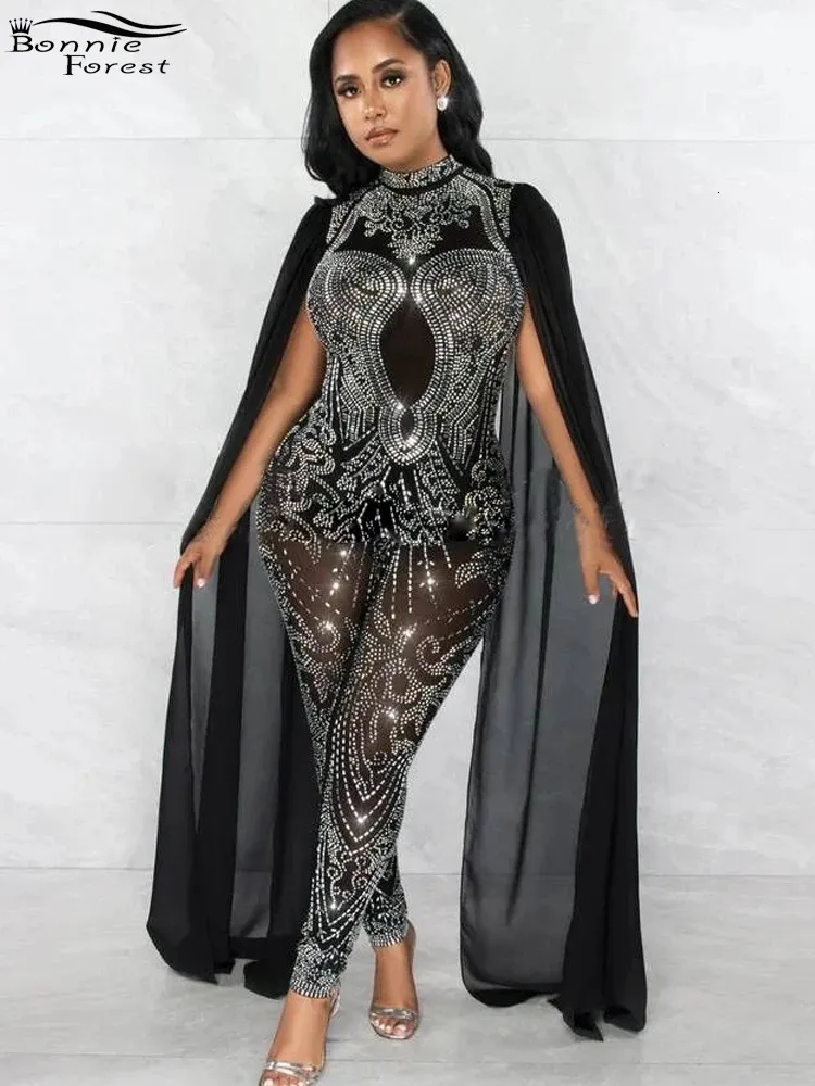 Save Big on Bulk Women's Rompers Jumpsuits Jumpsuits For Women Long Sleeve  Elegant Black Rhinestone Mesh Jumpsuit, Glitter Crystal Embellished Romper, 