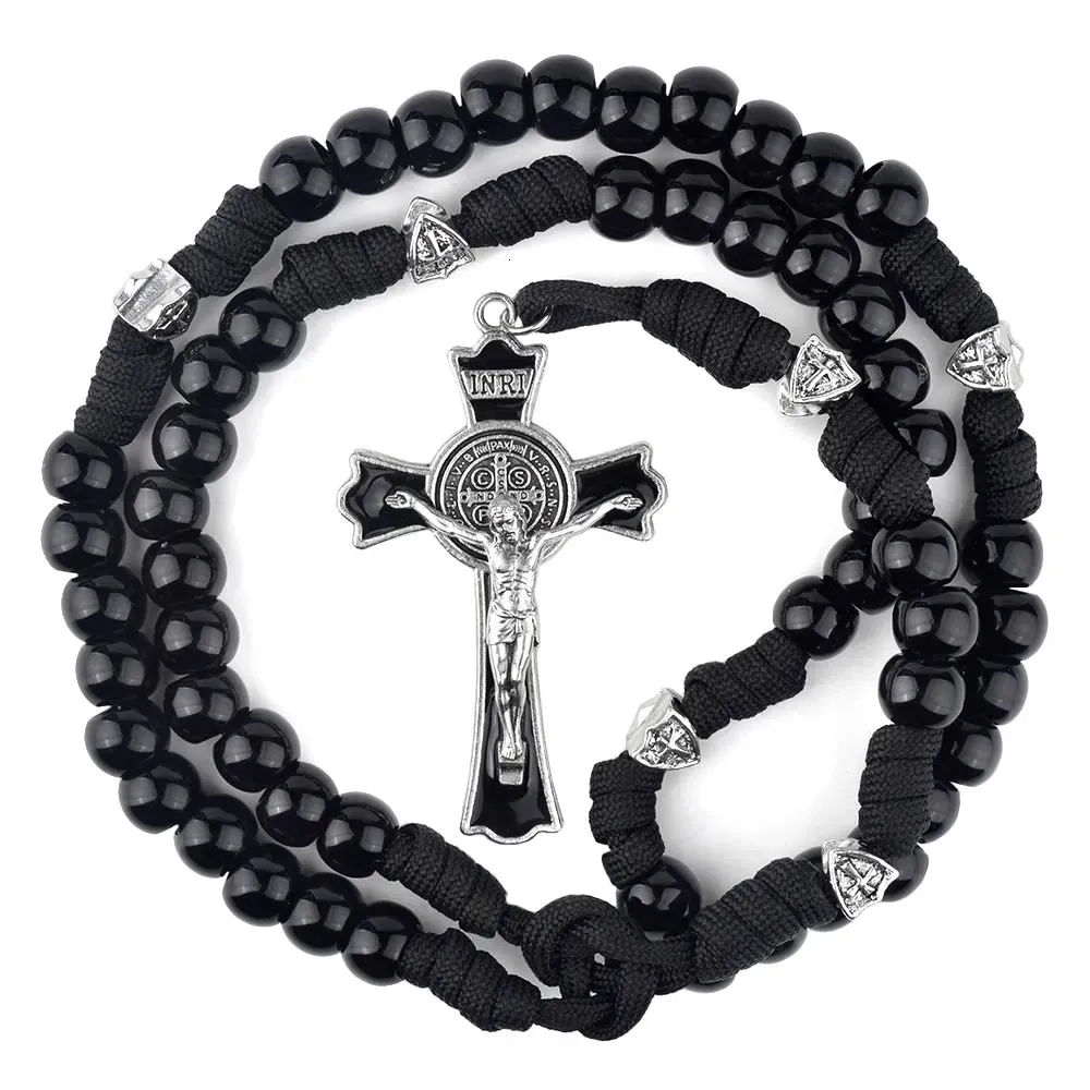 Sautoirs Noir Paracord Hommes Chapelets 12mm Perles Acryliques Collier Croix pour Soldat Catholique Rosaire Robuste 231010