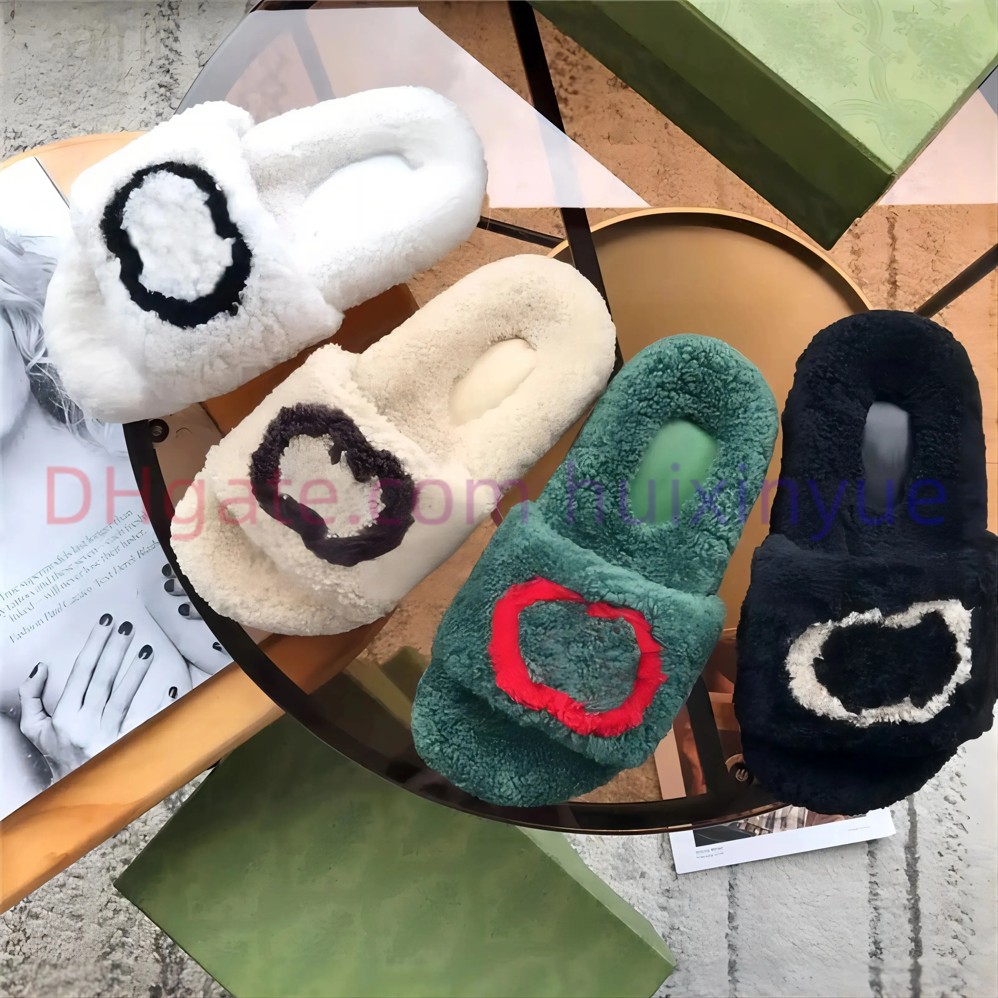 Mode Femme Pantoufles Designer Sandale Pantoufles De Fourrure De Luxe Laine Fuzzy Slides Hiver Bureau Intérieur Casual Furry Sandales Plates Fluffy tongs diapositives chaussures