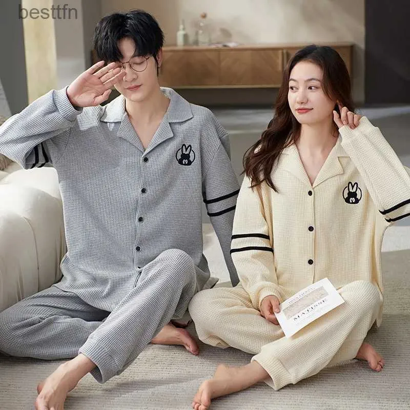 Men's Sleepwear Cotton Pajamas Women's Sleepwear Autumn Cardigan Nightwear Men Home Wear Waffle Pjs Korean Fashion Home Clothes pyjama hommeL231011