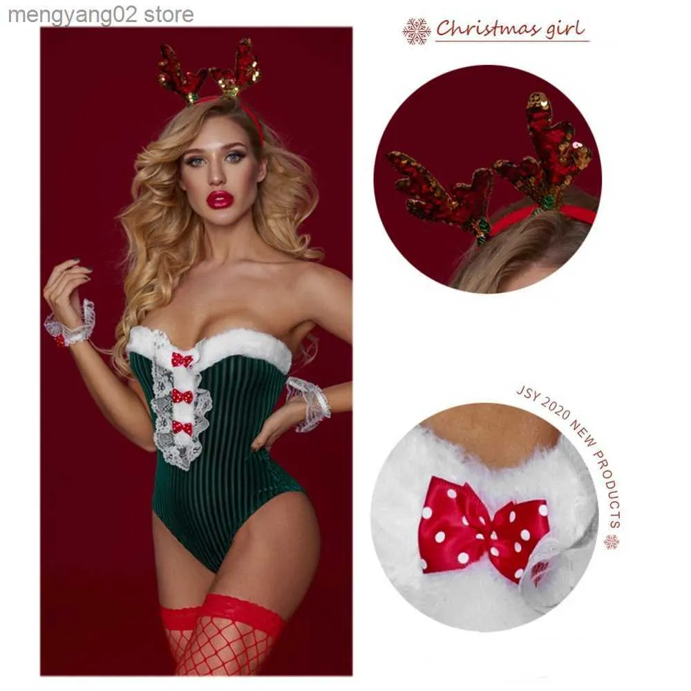 Tema traje erótico roupa interior para mulheres natal porno lingerie espartilho terno sexy bodysuit senhora bonito alce cocar verde uniforme t231011