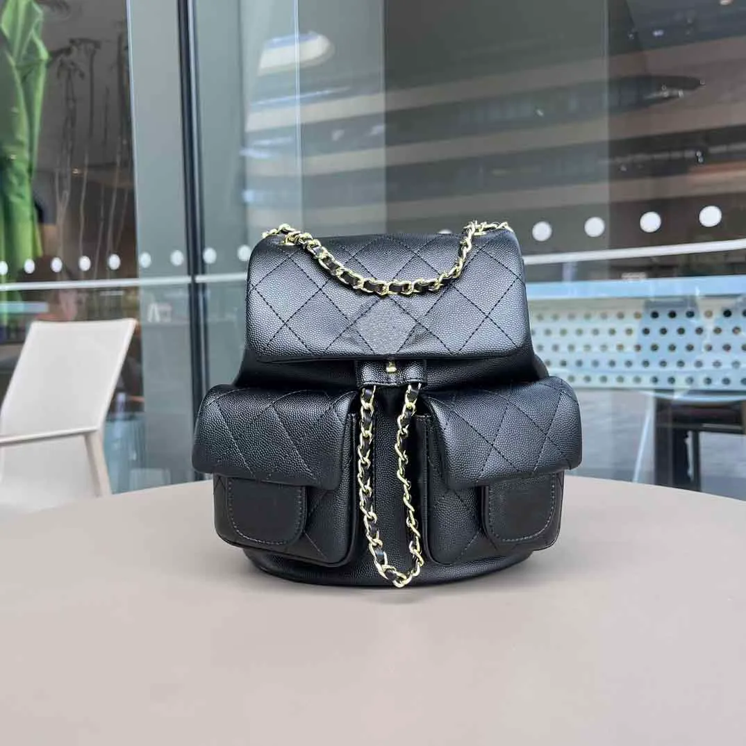 Black PU Leather Backpack for Women Classic Fashion Travel Shoulder Bag with Chain Detail