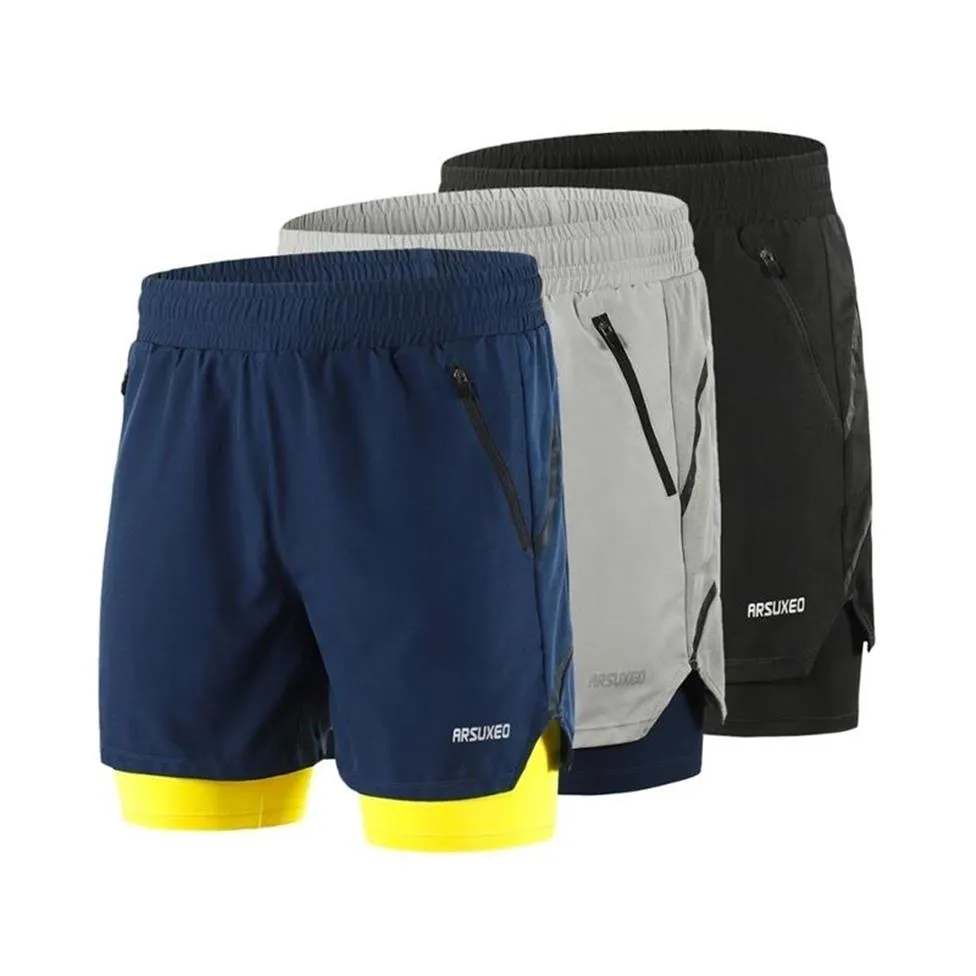 Arsuxeo Sportswear Man Running Shorts Men 2 in 1ジムショーツリフレクティブフィットネスクロスフィットショーツパンツトレーニング服クイックドライ280n