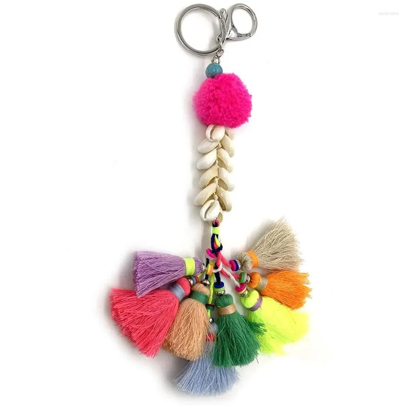 Chaveiros 2023 Primavera Bohemian Colorido Borla Chaveiro Pompons Shell Cowrie Beads Bag Pingente para Mulheres