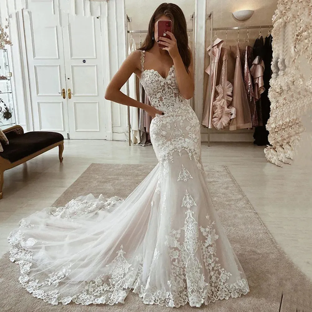 Spaghetti Straps Wedding Dress V-Neck Lace Appliques New Sexy Mermaid Bride Gown Backless Court Train Vestidos De Noiva 328 328