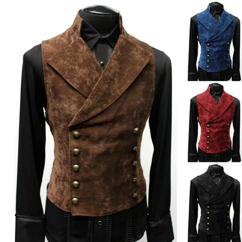 Mens Vests Standing Collar Suit Vest Double Breasted Trendy Leather Jacket Velvet Gentleman Sleeveless Top 231010