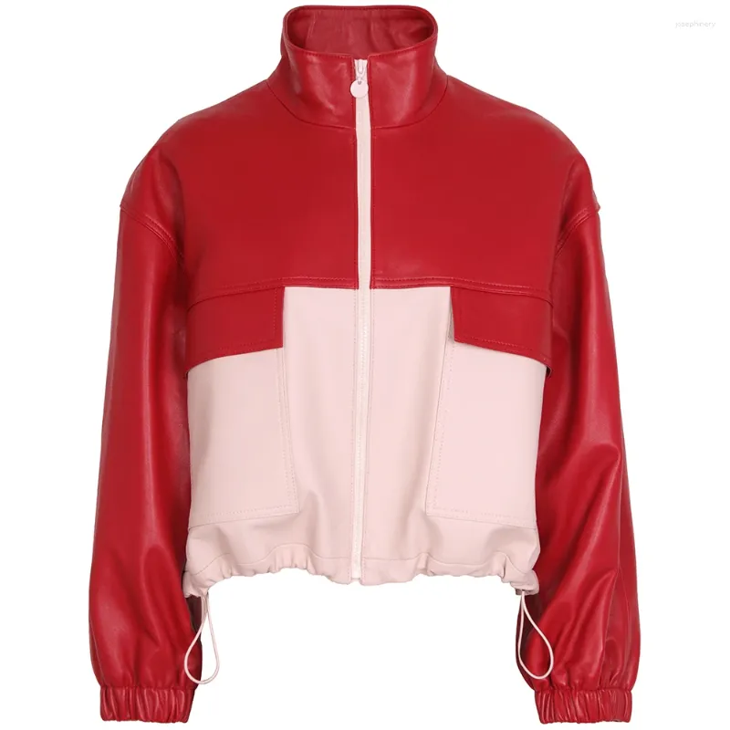 Kvinnors läder Yoloagain 2023 Autumn Overized äkta jacka Kvinnor Stand Collar Bomber Ladies Streetwear