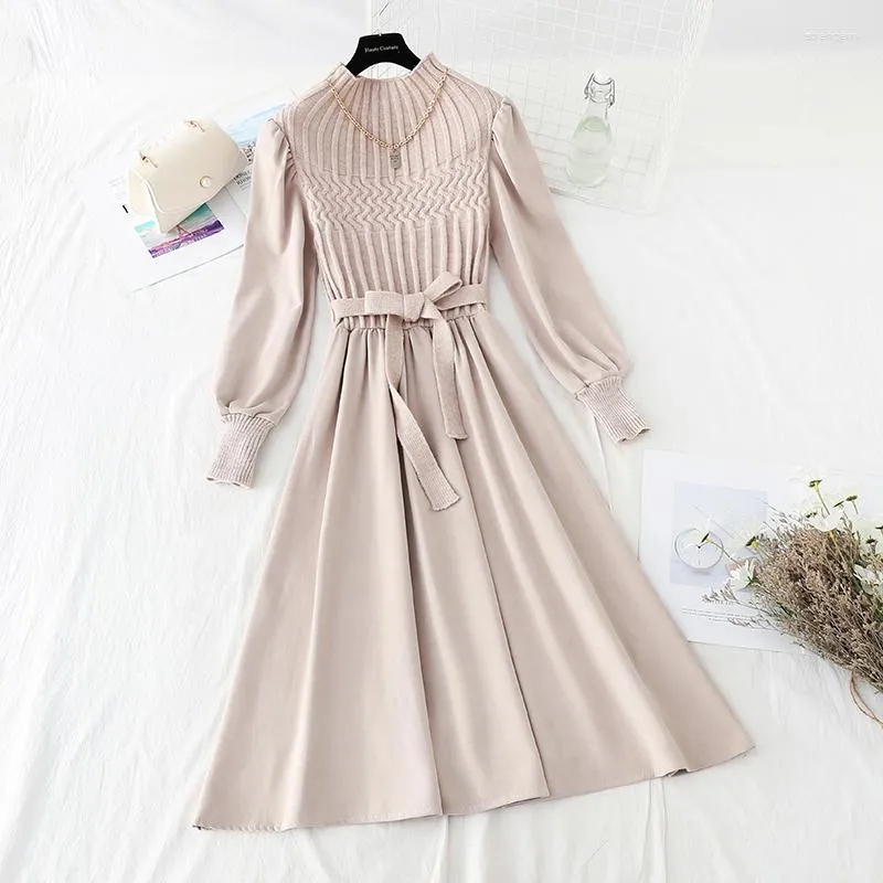 Casual Dresses Chic Women's Stitching Sticking Dress Autumn Winter En linje Vintage Corduroy tjock jul Pullover Party