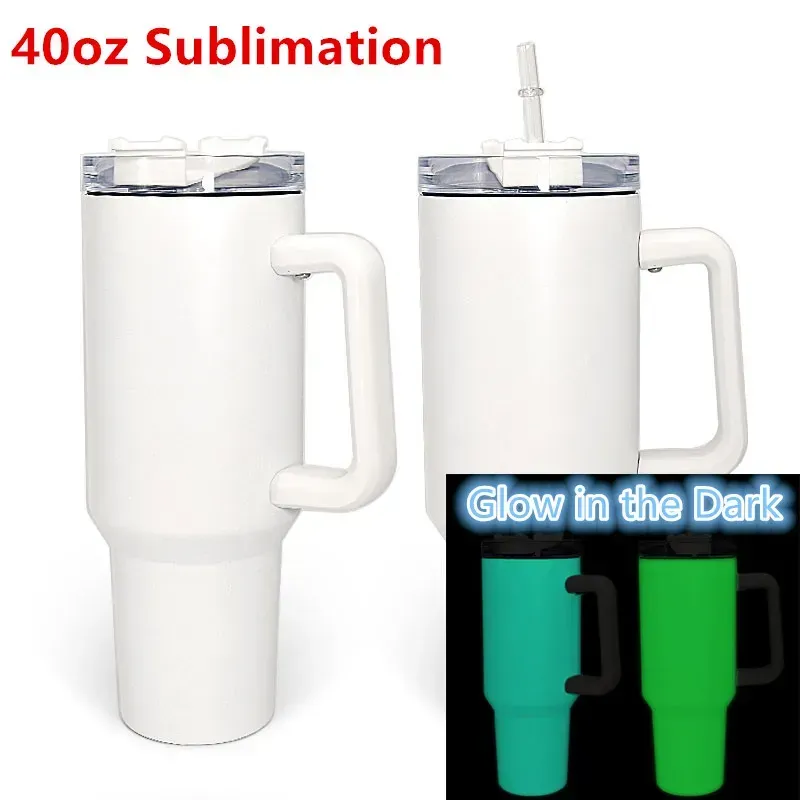 Gobelet à sublimation de 40 oz qui brille dans le noir avec couvercle et pailles Gobelet à café à double vide en acier inoxydable avec poignée Tasse à café de voyage Gobelet de voyage DIY 1011