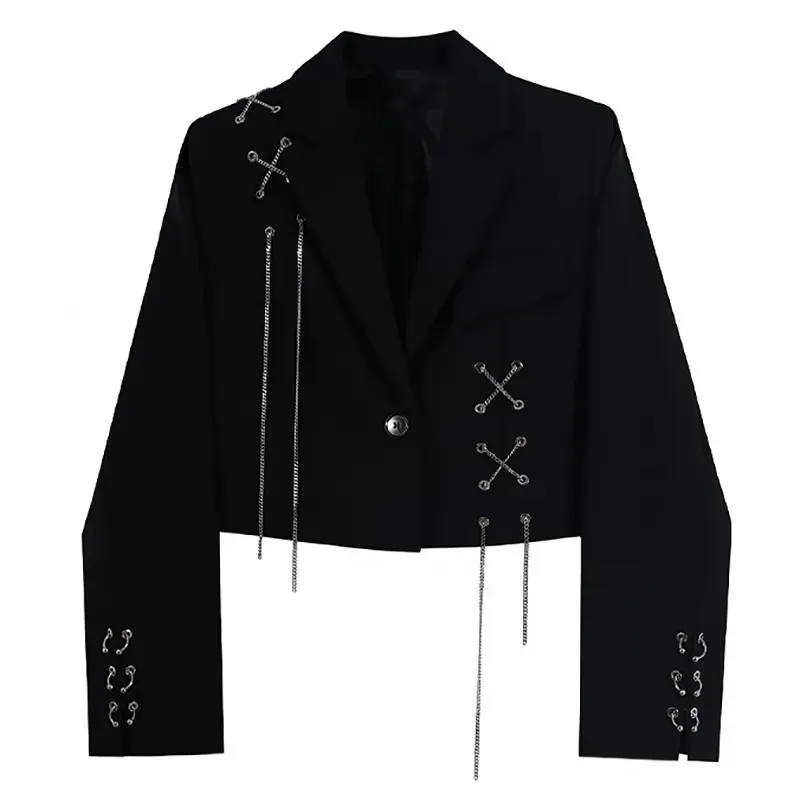 Women's Suits Blazers Women Punk Gothic Cropped Blazer with Metal Chain Harajuku Design Streetwear Chic Patchwork Suit Office Lady Commute Short Coat 231026