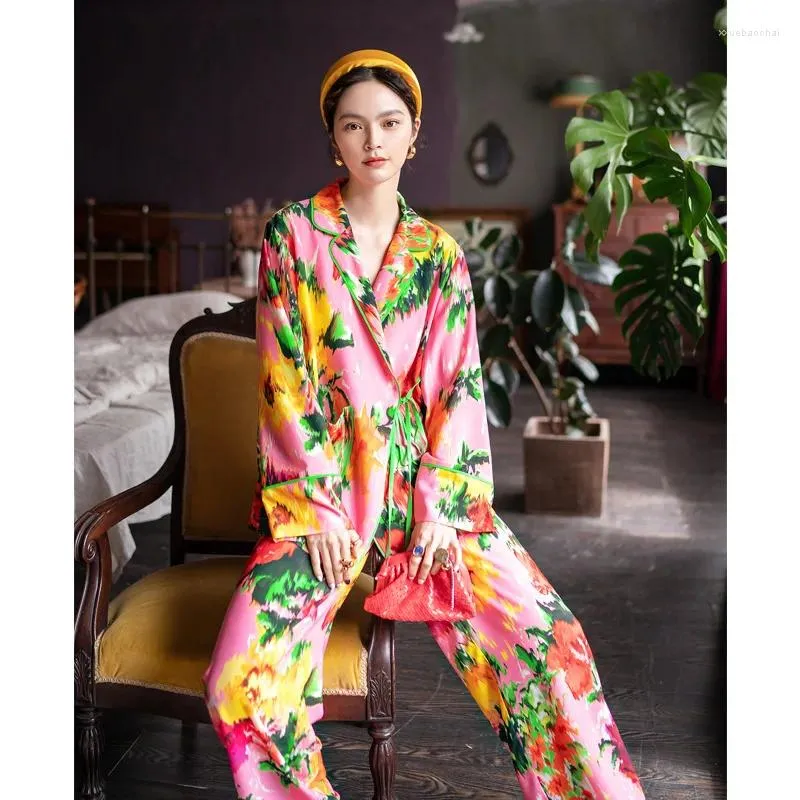 Odzież domowa Wysokiej jakości satynowe drukowane kobiety Kimon Pikamas Zestaw Zestaw Zestaw Falowe odzież dla 2 sztuk odzieży domowej o długim rękawie 2023