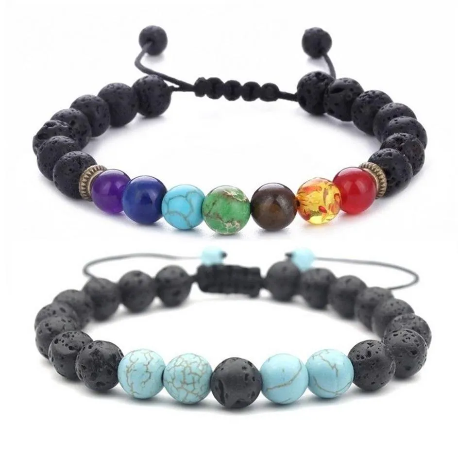 Kittenup Men Women 8mm Lava Rock 7 Chakra Beadsブレスレット編組ロープディフューザーブレスレットバングルナチュラルストーンファッションジュエリー234i