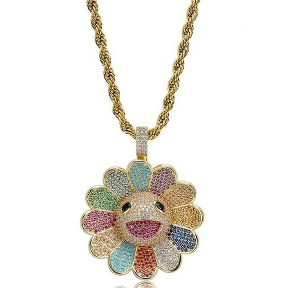 SUNFLOWER GOLD SILVER ICED OUT SPIN PENDANT Micro Pave Cubic Zircon Hip Hop Pendant Necklace For Men Women Gifts282w