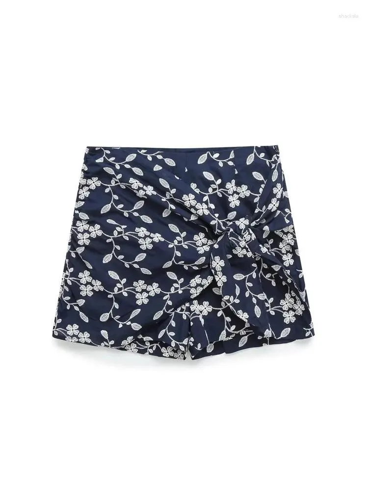 Damen Shorts Sommer Blumenstickerei Dunkelblau Damen Schleife Falten