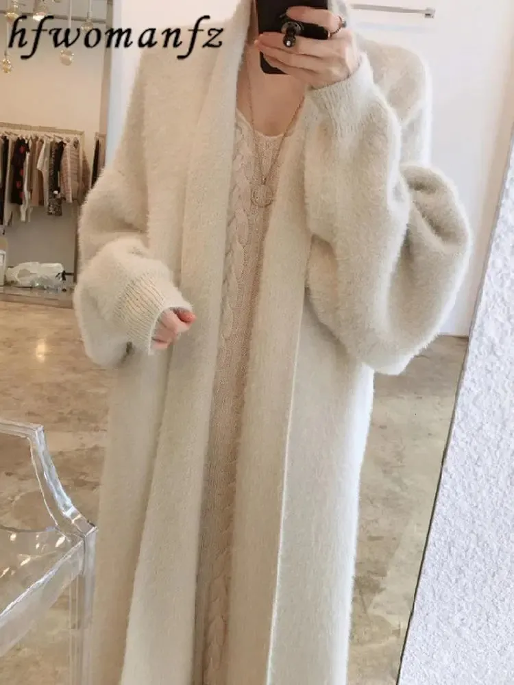 Women's Wool Blends Korean Solid Long Woman Cashmere Cardigan Coat Sweet Fluffy Sleeve Sweater Winter Warm Loose Female Midi Knitted Clothing 231011