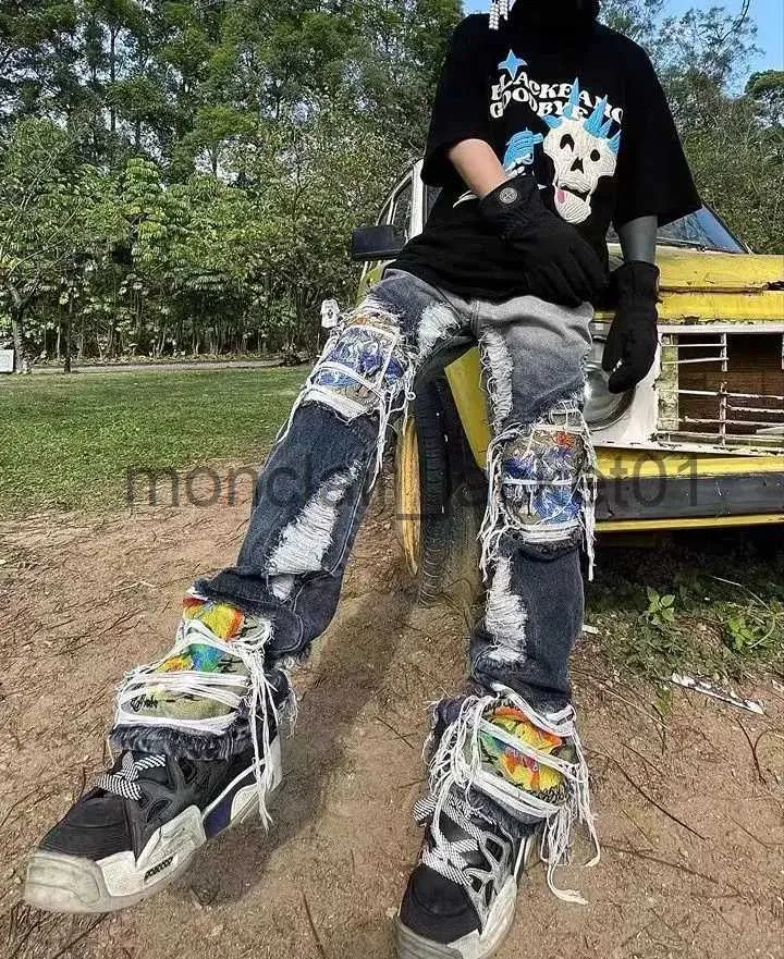 Men s Jeans Destruction Brushed Washed Heavy Industry Embroidered Loose Straight Leg Ripped Jeans Man Woman Bleached Dyed Pants Tide J231012