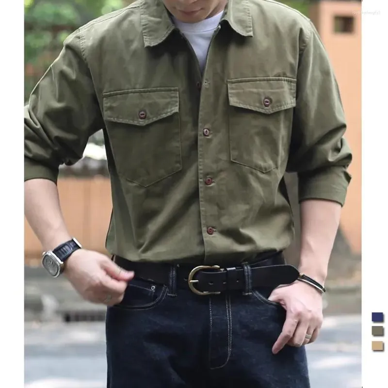 Chemises décontractées pour hommes Vintage Cargo Hommes Automne Américain Rétro Militaire À Manches Longues Chemise À Revers Pur Coton Lavé Mode Haut D'hiver