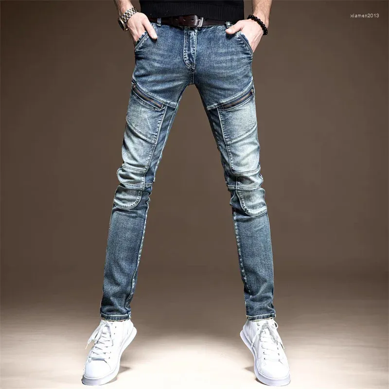 Men's Jeans Spring Autumn Vintage Motorcycle Zipper Designer Classic Slim Splice Cowboy Streetwear 90s Punk Work Man Pants