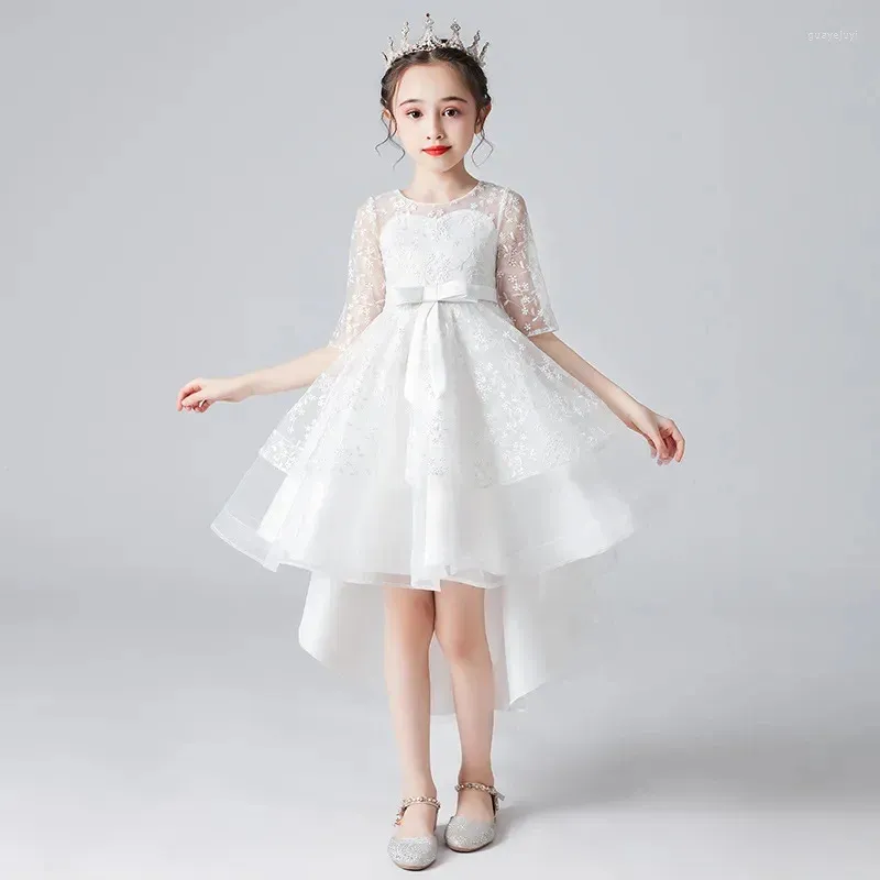 Sukienki dla dziewczynek kwiat Trąbowa sukienka biała księżniczka ubrania dla dzieci solidne hafty do druku o pół-rękawie Tutu na urodziny gospodarza