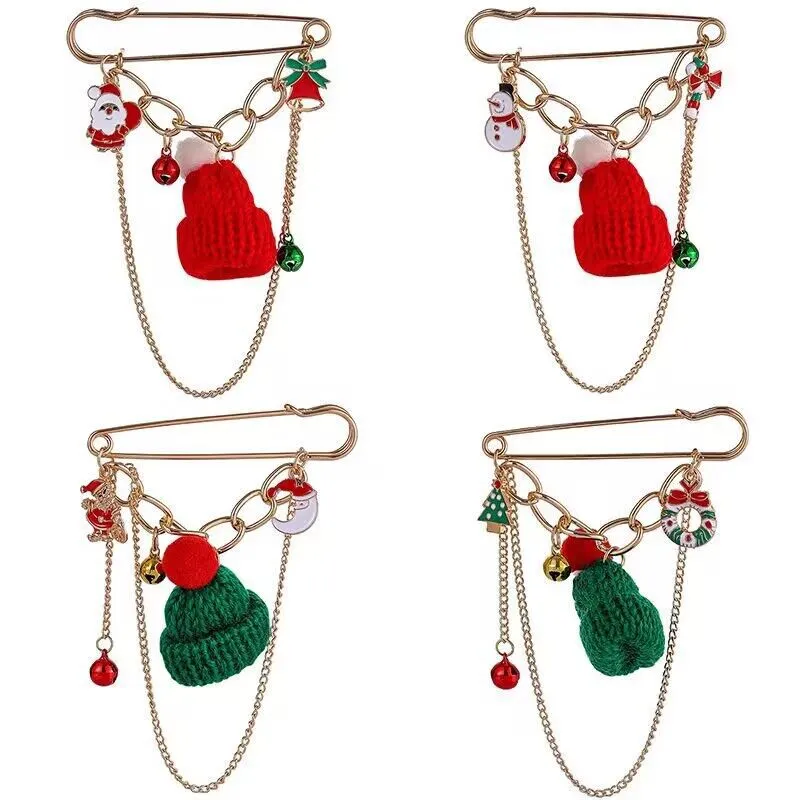 Broche de moda navideña, sombreros creativos de Papá Noel, cadena con borlas, alfileres de aguja grandes, broches de árbol de Navidad, regalo de joyería para mujer