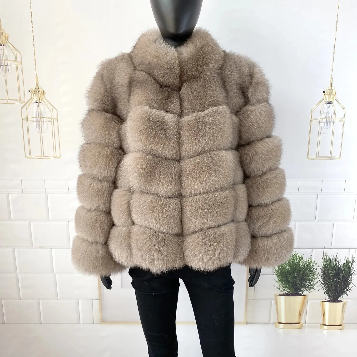 女性の毛皮のフェイク60cmコート暖かいスタイリッシュなナチュラルジャケットベストスタンドカラー長袖レザー卸売231012