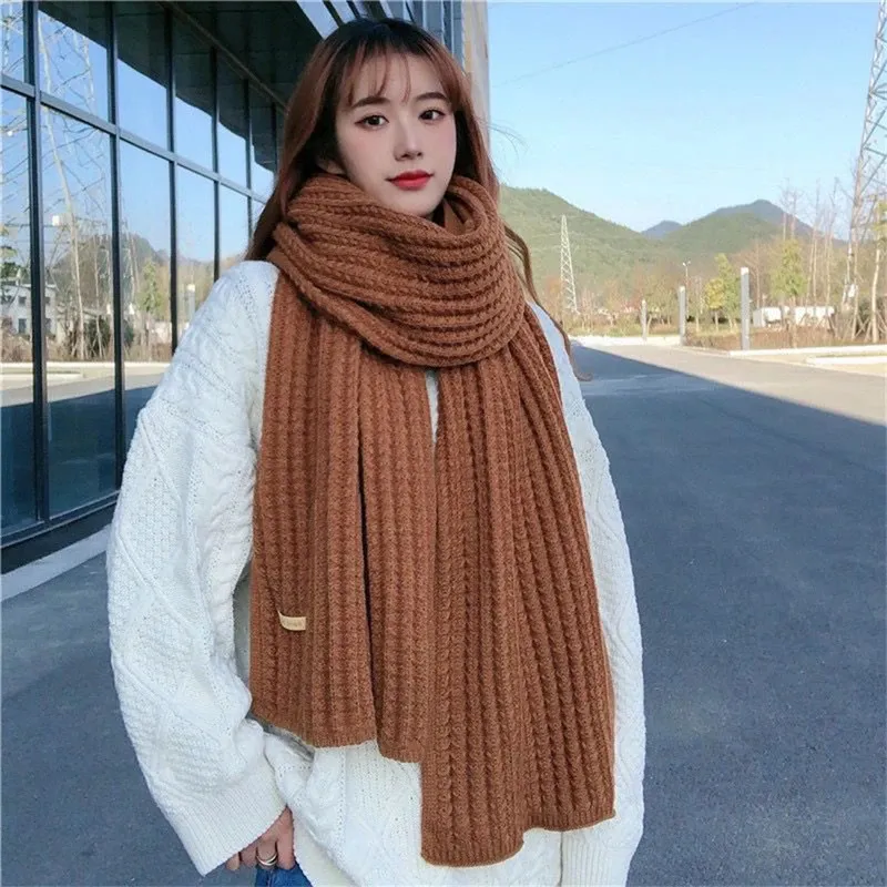 Scarves Solid color wool scarf female Korean version cute girl autumn winter thick warm knit neck Ring 231012