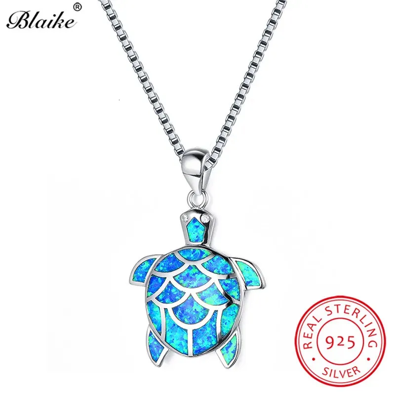 ペンダントネックレスBlaike 925 Sterling Silver Cute Turtle Pendants for Women Ocean Blue Fire Necklace Memal