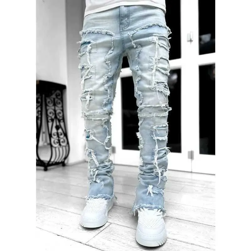 Dżinsy chude z frędzlami Hip-hop krawędź Elastyczna łatka Punk Rock Long Fit Stacked Denim Spodnie Blue Pink 308