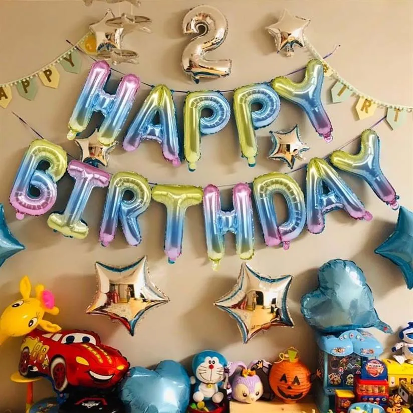 13pcs / set joyeux anniversaire lettres ballons arc-en-ciel dégradé alphabet ballon pour bébé douche enfants fête d'anniversaire ballon décoration Y196z