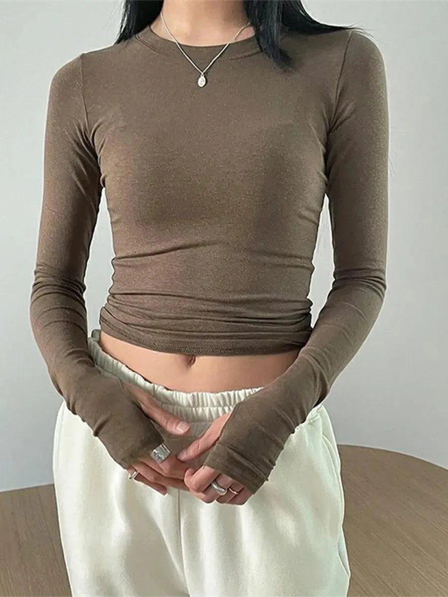 Y2K Crop Top: Womens Long Sleeve Fitted T-Shirt - Thumb Hole