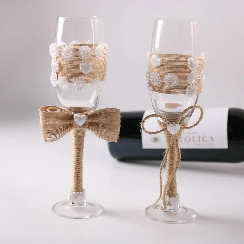 1 paire de verres à vin en toile de jute rustique, cadeau de mariage, de fête nuptiale, de champagne, ensemble de verres à vin