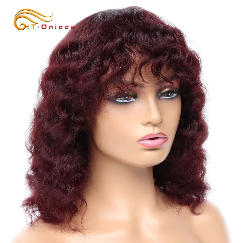 Syntetiska peruker Korta mänskliga hår peruker för kvinnor Deep Wave Brasilian Hair Wigs With Bangs Glueless Full Machine Wig Remy Human Hair 231012