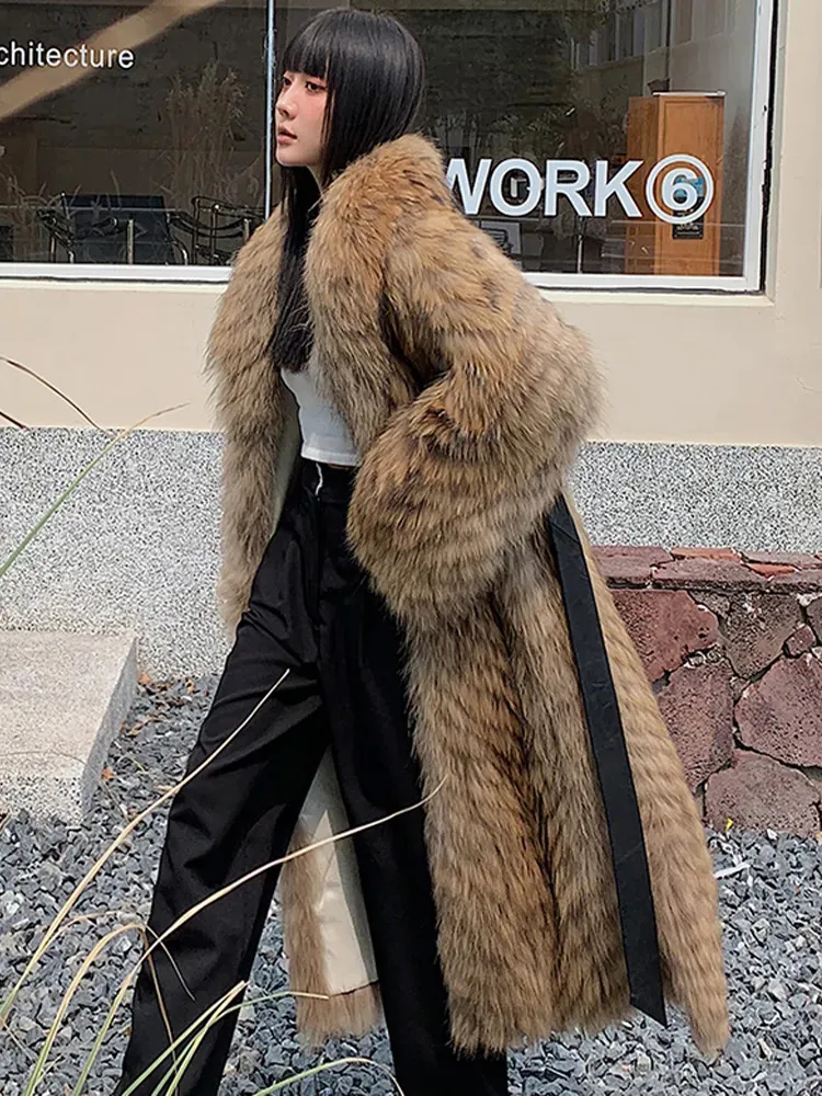 Женская роскошная одежда из искусственного меха, зимнее импортное пальто из енота, длинная натуральная пушистая куртка, женская модная уличная одежда 231012