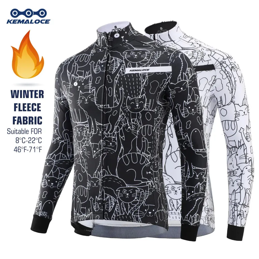 Cycling Jackets KEMALOCE Winter Cycling Jackets Men Fleece Long Sleeves High End Bike Jackets Black White Thermal Fabric MTB Bicycle Clothing 231011