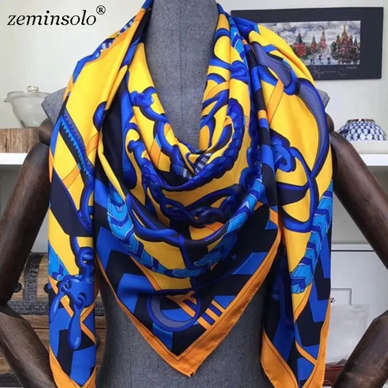 Bandanas Durag 100% Twill Silk Scarf Scarves For Women Hijab Design Print Chain Square Silk Scarves Shawls 130*130cm Female Bandana Wraps 231012