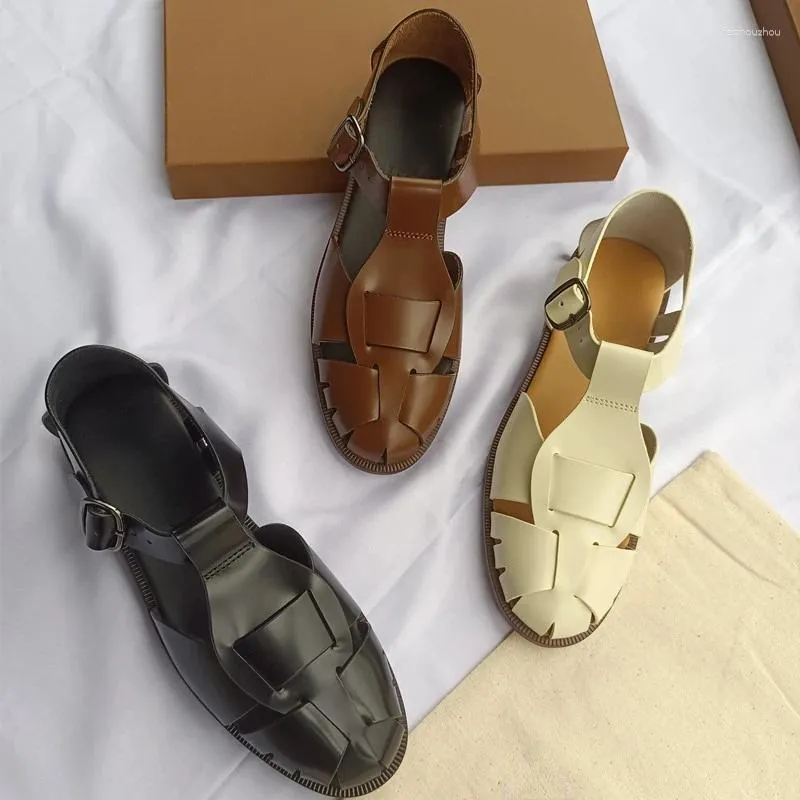 Sandalet Vintage Hollow Baotou Kadın Ayakkabıları Yaz Matal Tonye Cladiator Orijinal Deri Zapatos Mujer Açık Mekan Chaussure Femme