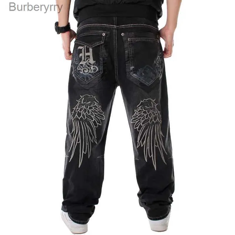 メンズジーンズストリートダンスワイドレッグバギージーンズメンファッションブラックルーズボードデニムパンツラップヒップホップジーンズプラスサイズ30-L231011