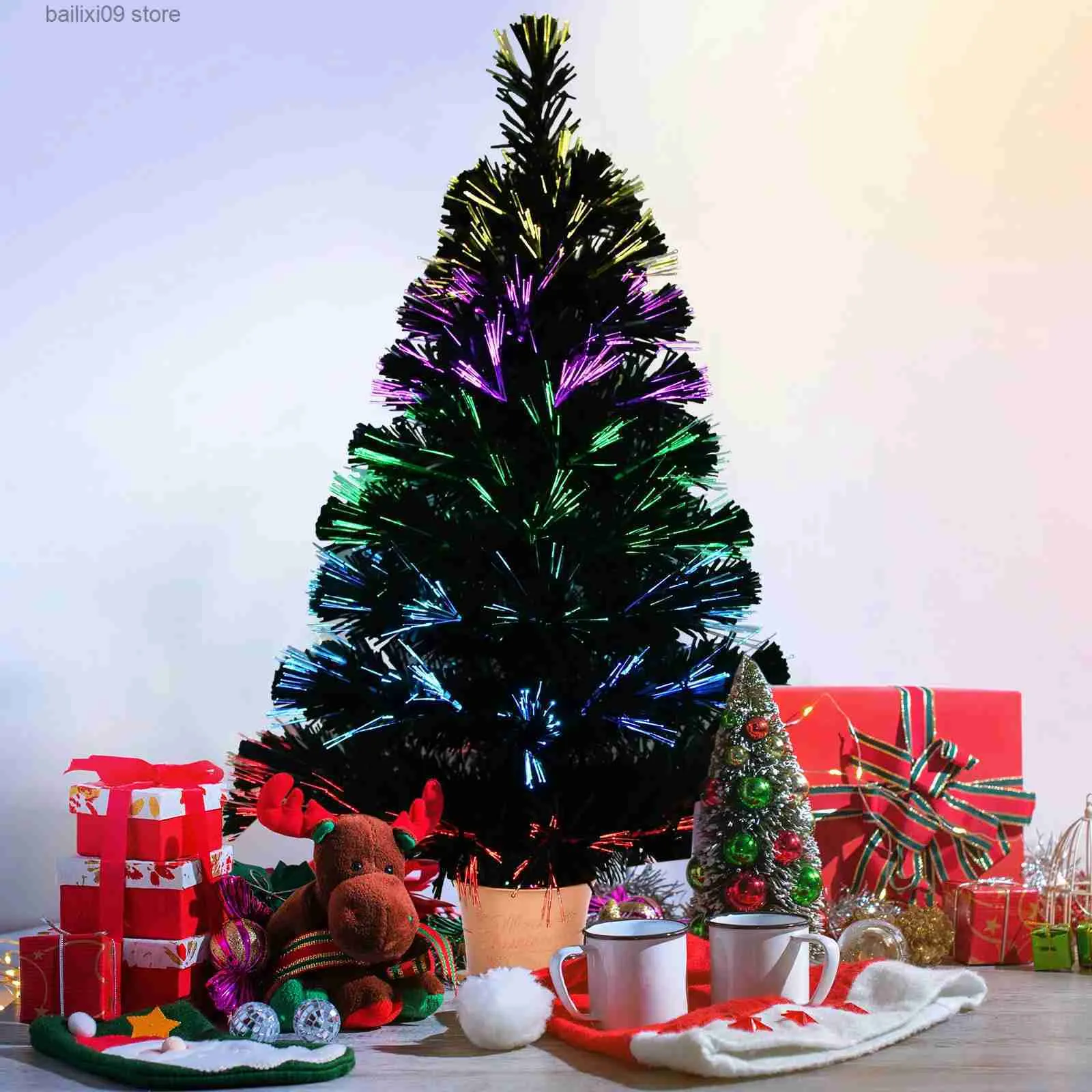 Christmas Decorations 32 Inch Green Pre-lit Mini Fiber Optic Tabletop Artificial Christmas Tree with 5-layers Control LED Lights for Xmas Table Top T231012