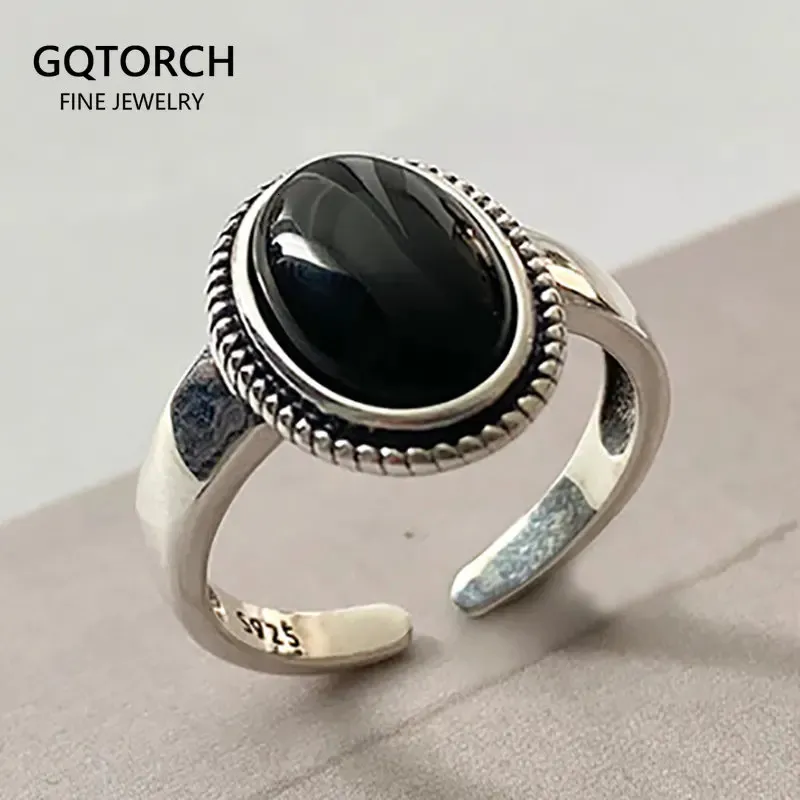 Eheringe Vintage 925 Sterling Silber Damenringe mit ovalem natürlichem Onyx-Schwarzstein, verstellbare Größe, Öffnungstyp 231012