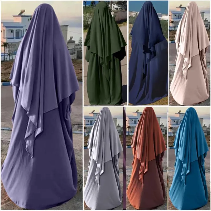 Ropa étnica Khimar Set 2 piezas Abaya Jilbabs para mujeres Vestido de oración islámica con bufanda Hijab Dubai Turk Muslim Umrah Outfit Ramadán