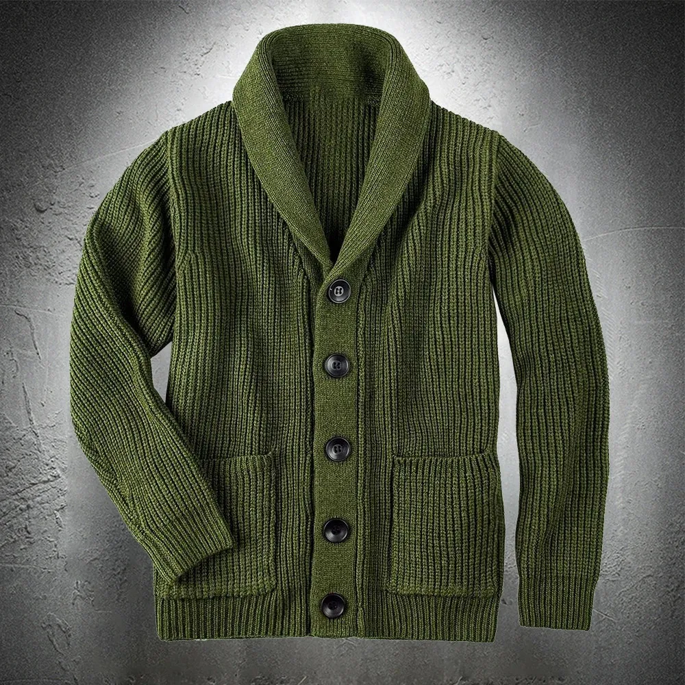 Suéter dos homens Exército Verde Cardigan Sweater Homens Casaco Grosso Lã Engrossar Quente Casual Moda Roupas Botão Up 231011