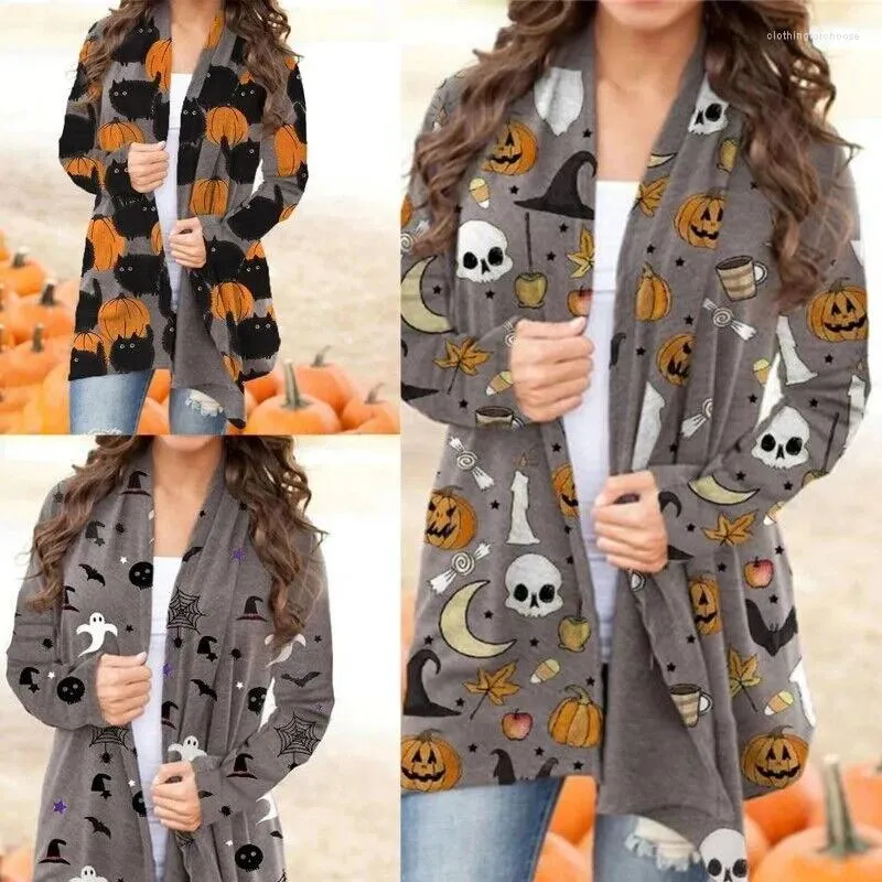 Malhas femininas halloween abóbora morcego impressão cardigan casaco manga longa com decote em v casual solto topo diário commuter rua vestido de festa