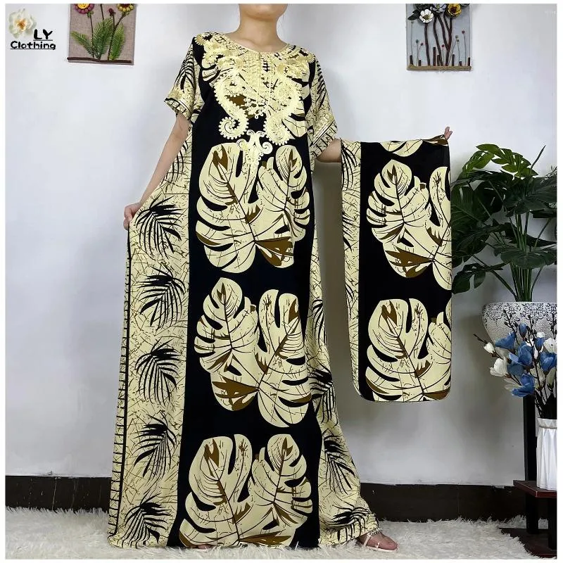 Roupas étnicas 2023 Abayas Africanas para Mulheres Algodão Manga Curta Folha Imprimir Floral Solto Femme Robe Tradição Muçulmana Islam Vestido com