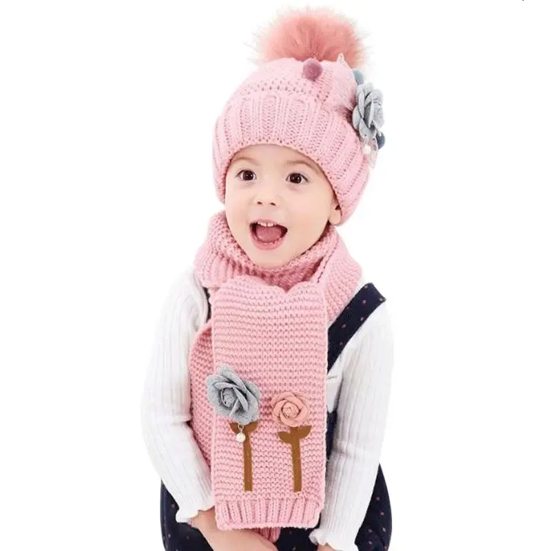 Scarves Doit Flower Children Winter Hat Beanies Sets Velvet Wool Kids Boys Knit Fur Hats Winter 2 pcs Baby Girl Scarf Set 231012